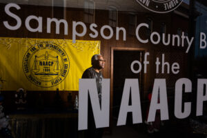 Larry Sutton, president of the Sampson County NAACP, inside the county headquarters. (Cornell Watson for The Assembly)